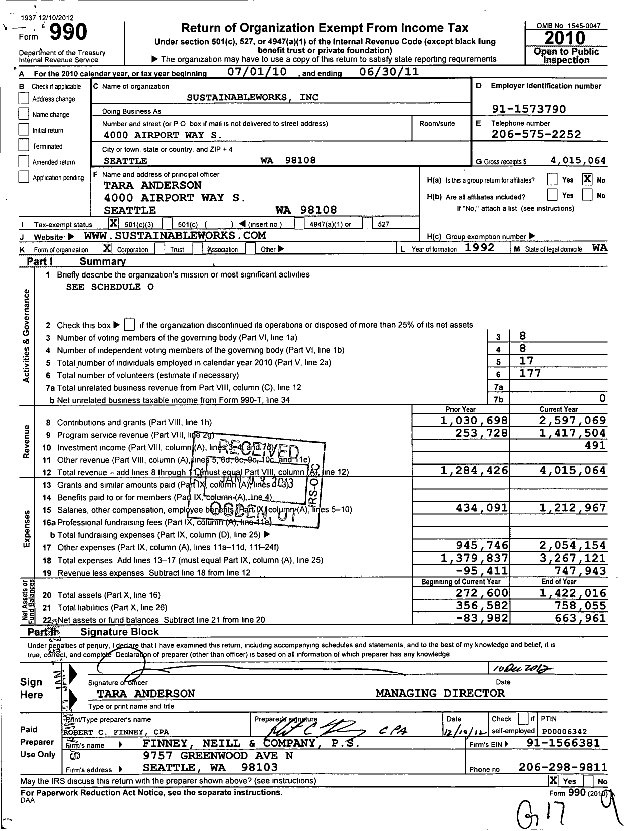 Image of first page of 2010 Form 990 for Sustainable Works