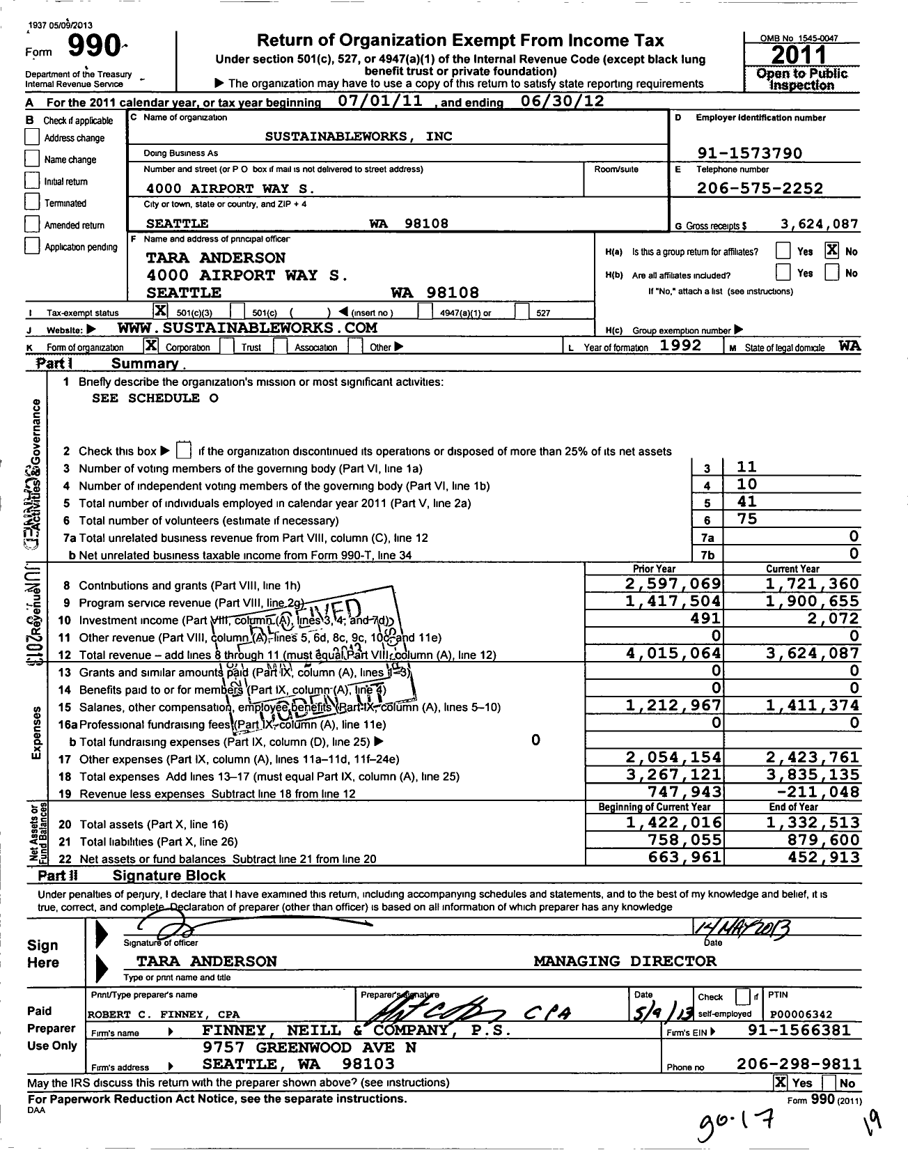Image of first page of 2011 Form 990 for Sustainable Works