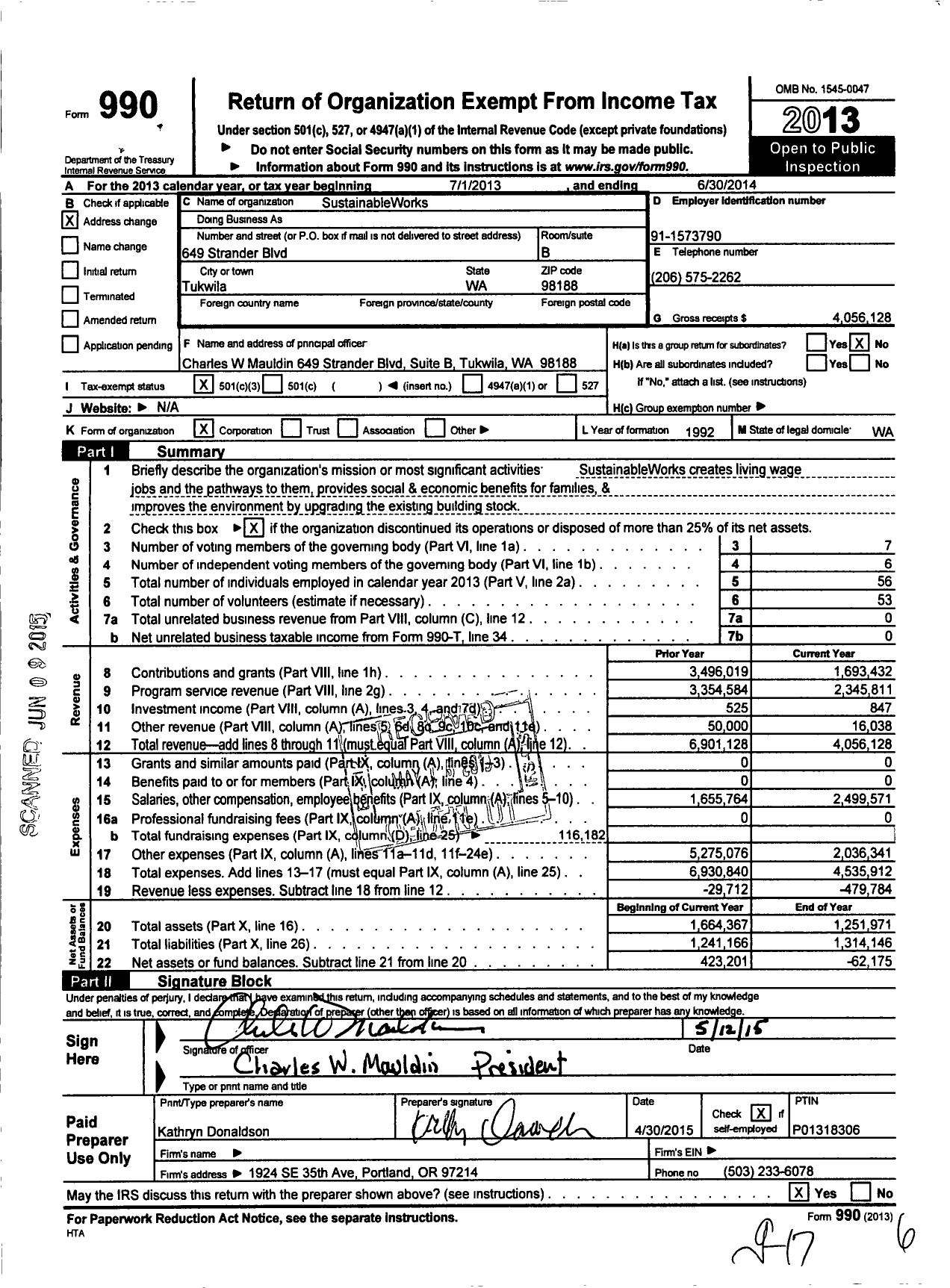 Image of first page of 2013 Form 990 for Sustainable Works