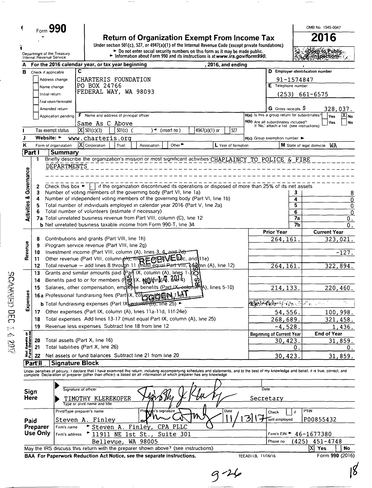 Image of first page of 2016 Form 990 for Charteris Foundation