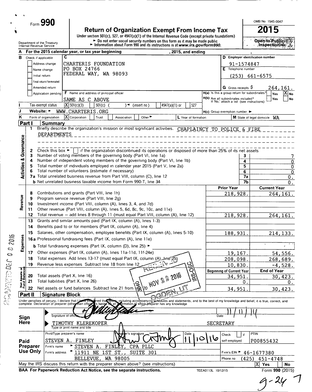 Image of first page of 2015 Form 990 for Charteris Foundation