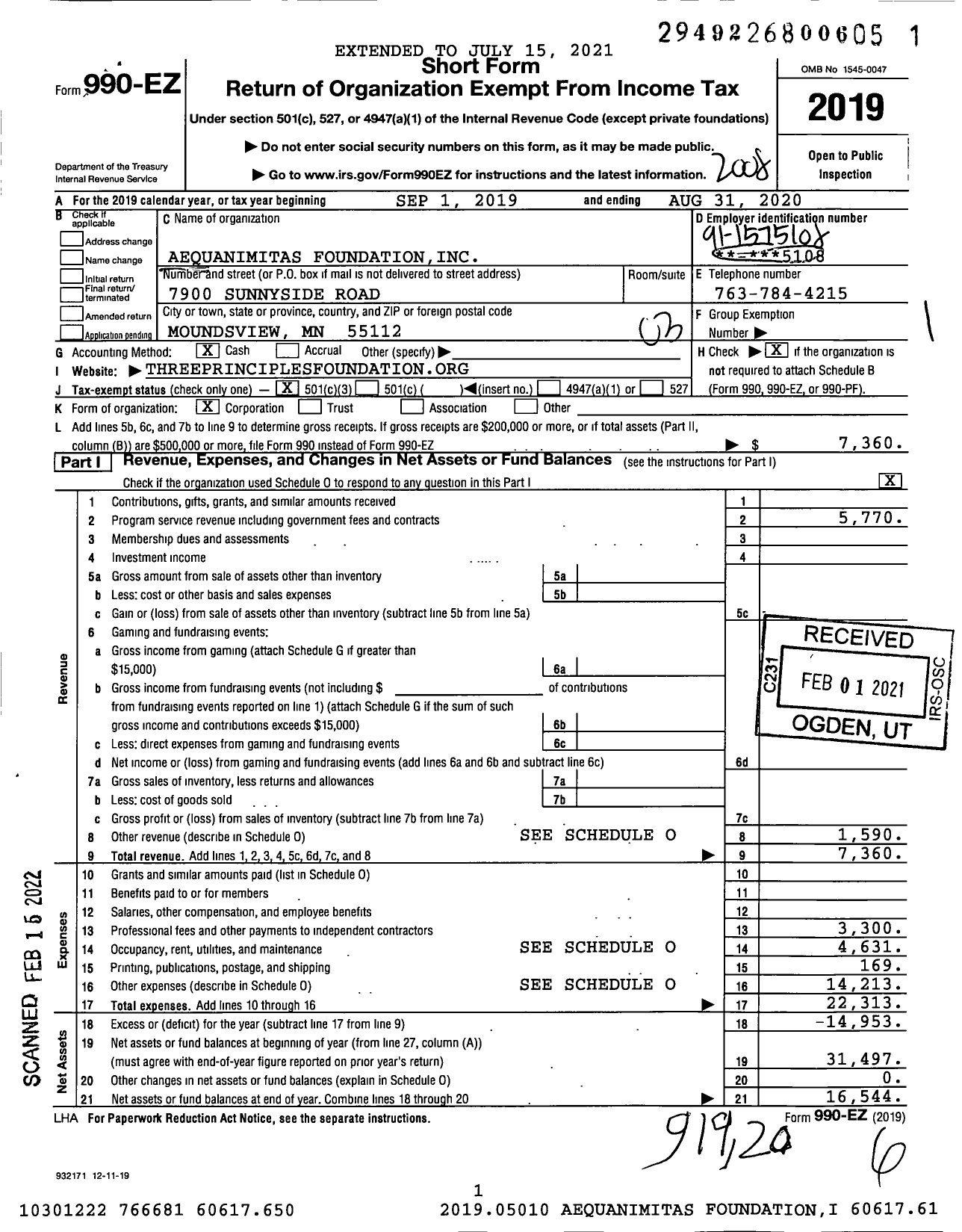 Image of first page of 2019 Form 990EZ for Aequanimitas Foundation
