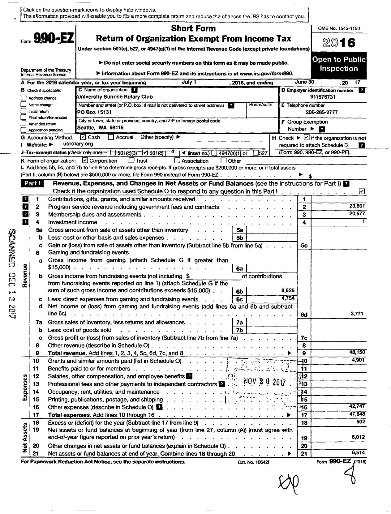 Image of first page of 2016 Form 990EO for Rotary International - University Sunrise of Seattle