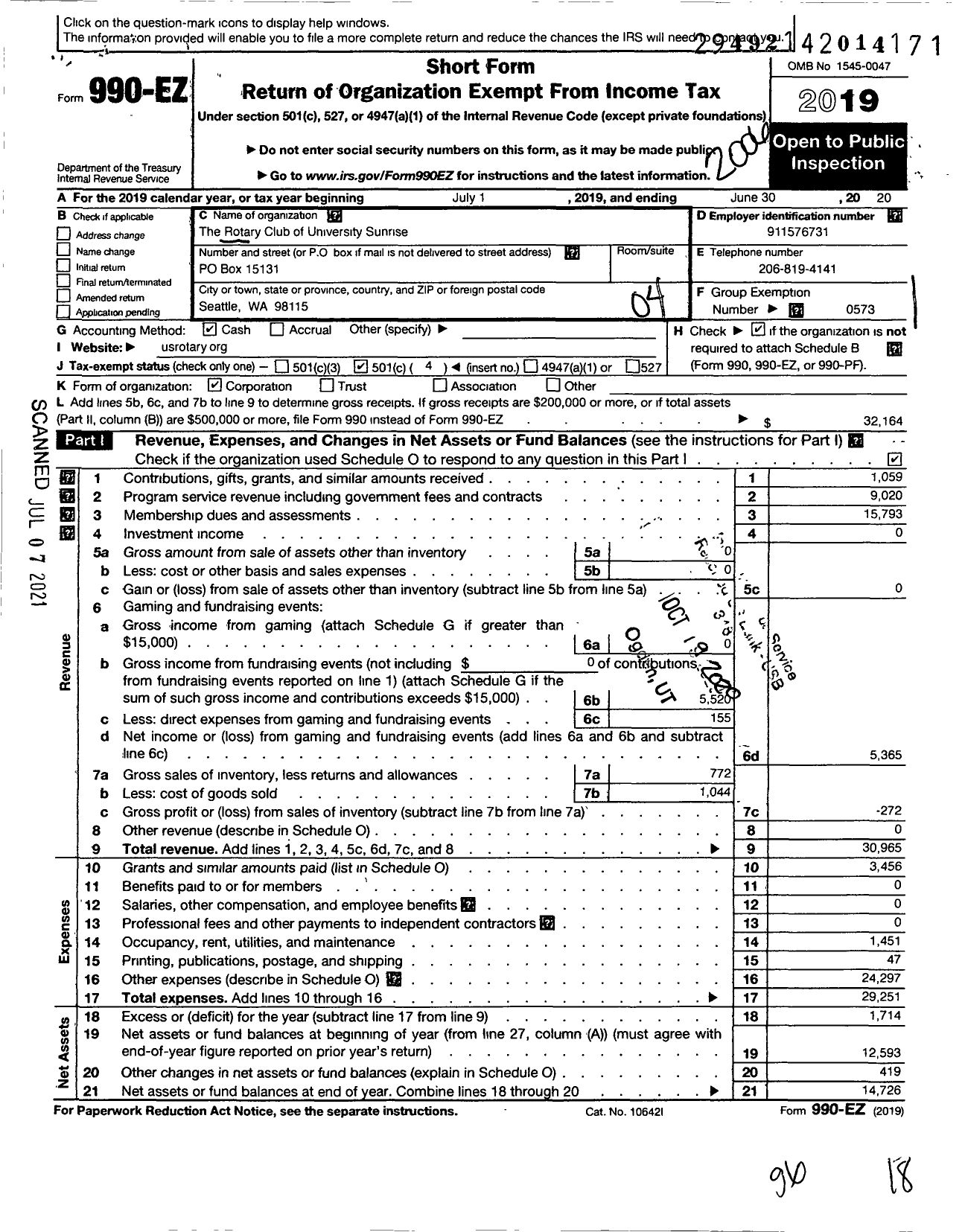 Image of first page of 2019 Form 990EO for Rotary International - University Sunrise of Seattle