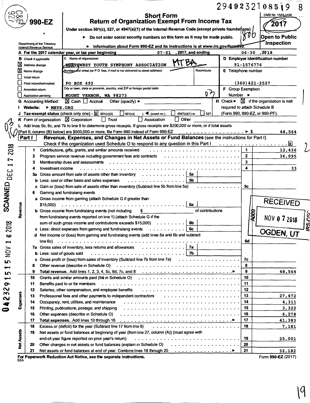 Image of first page of 2017 Form 990EZ for Northwest Youth Symphony Association