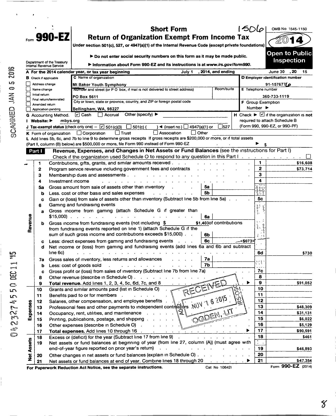 Image of first page of 2014 Form 990EZ for Northwest Youth Symphony Association