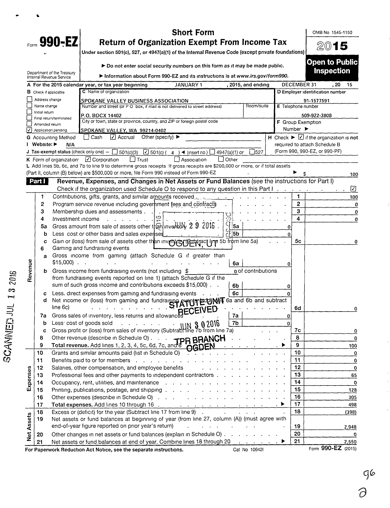Image of first page of 2015 Form 990EO for Spokane Valley Business Association
