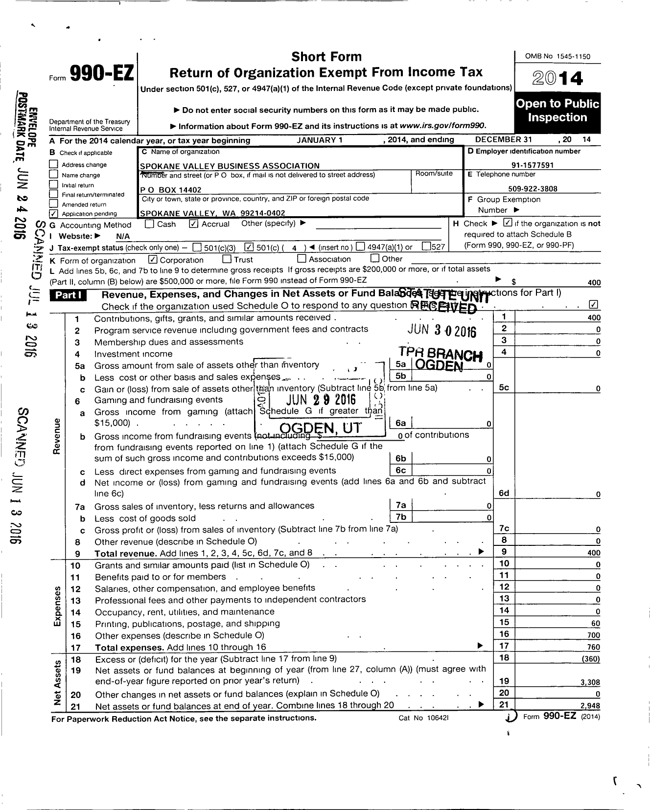 Image of first page of 2014 Form 990EO for Spokane Valley Business Association