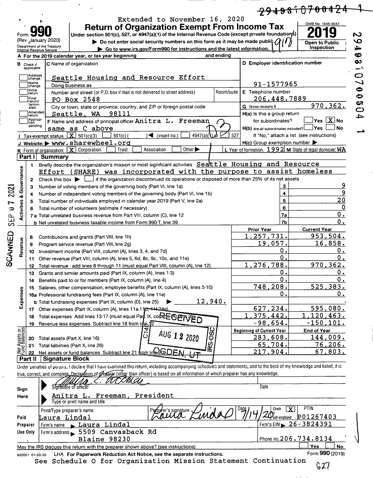 Image of first page of 2019 Form 990 for Seattle Housing and Resource Effort (SHARE)