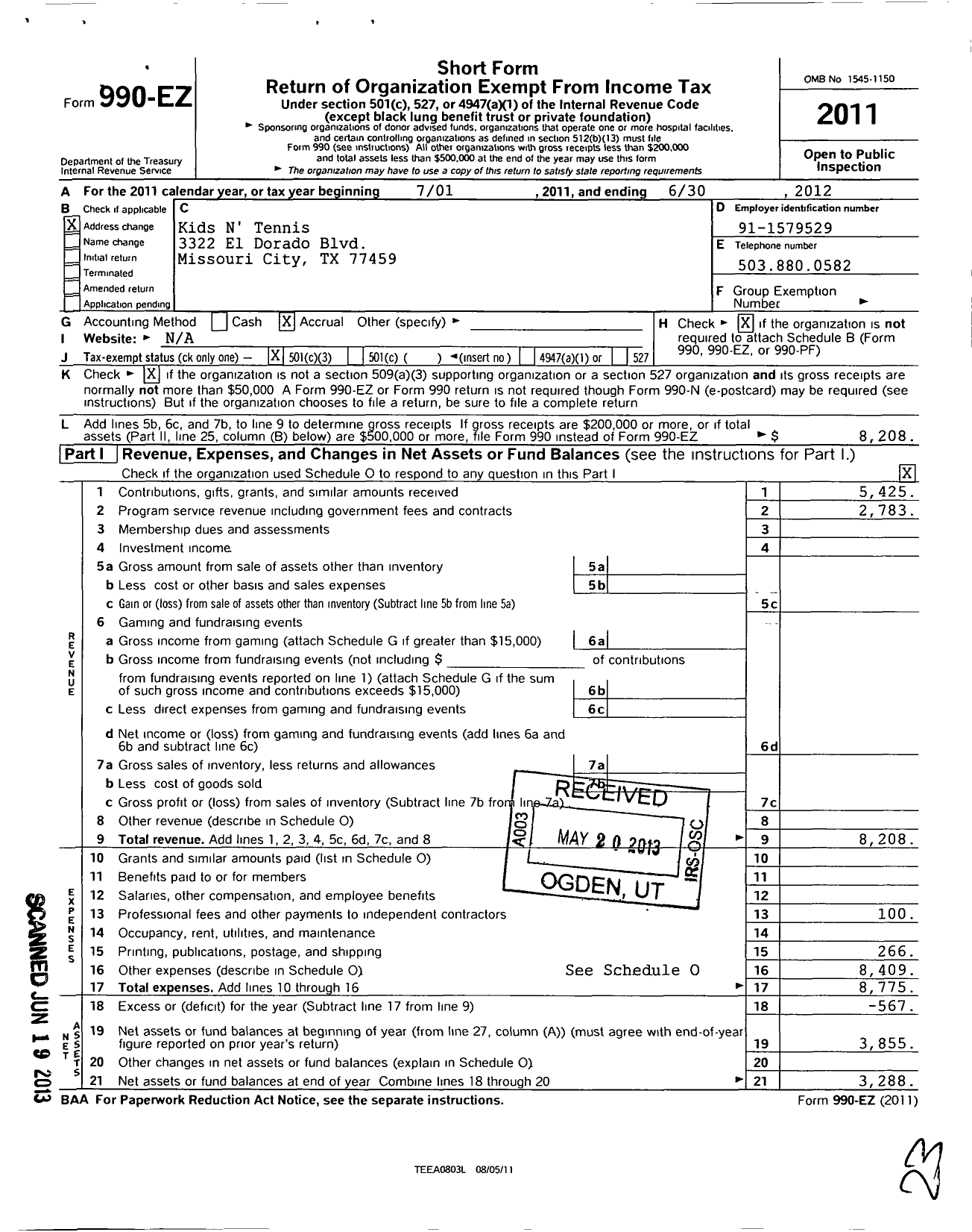 Image of first page of 2011 Form 990EZ for Kids N Tennis