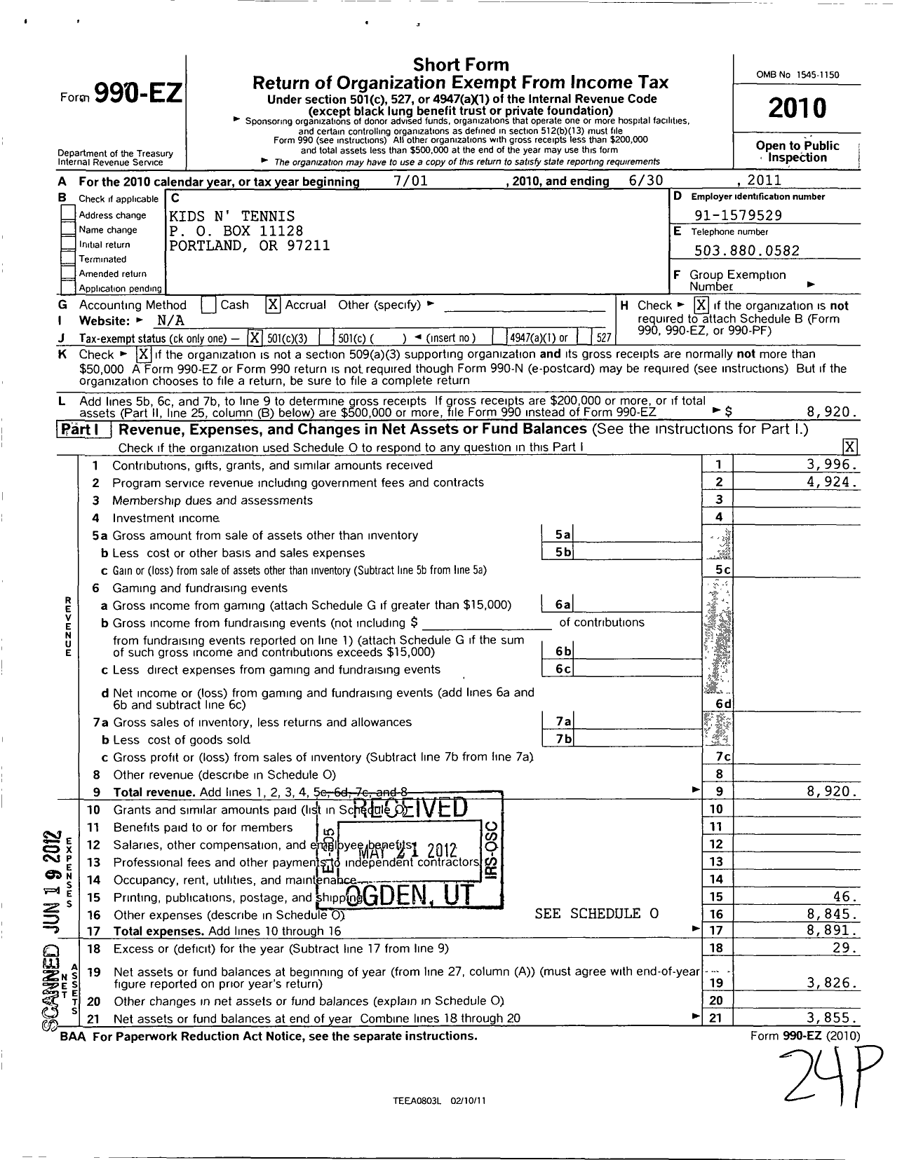 Image of first page of 2010 Form 990EZ for Kids N Tennis