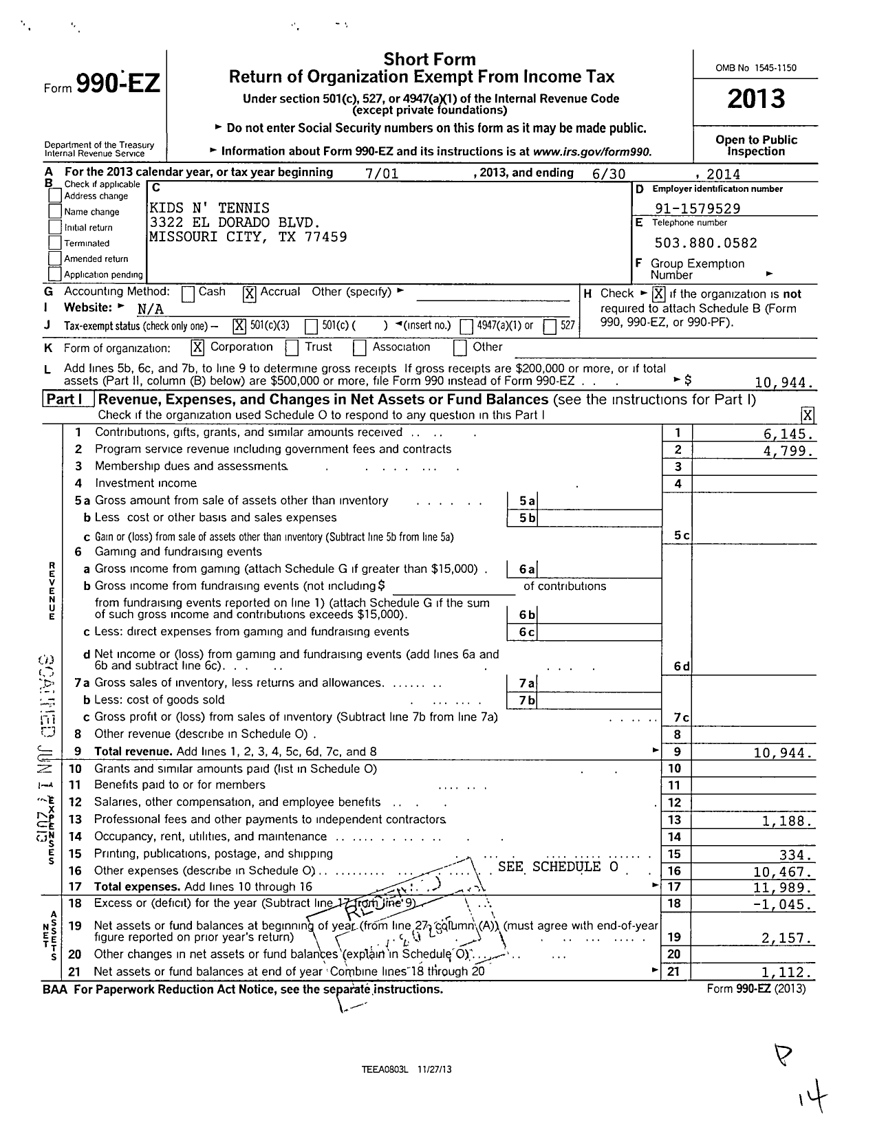 Image of first page of 2013 Form 990EZ for Kids N Tennis