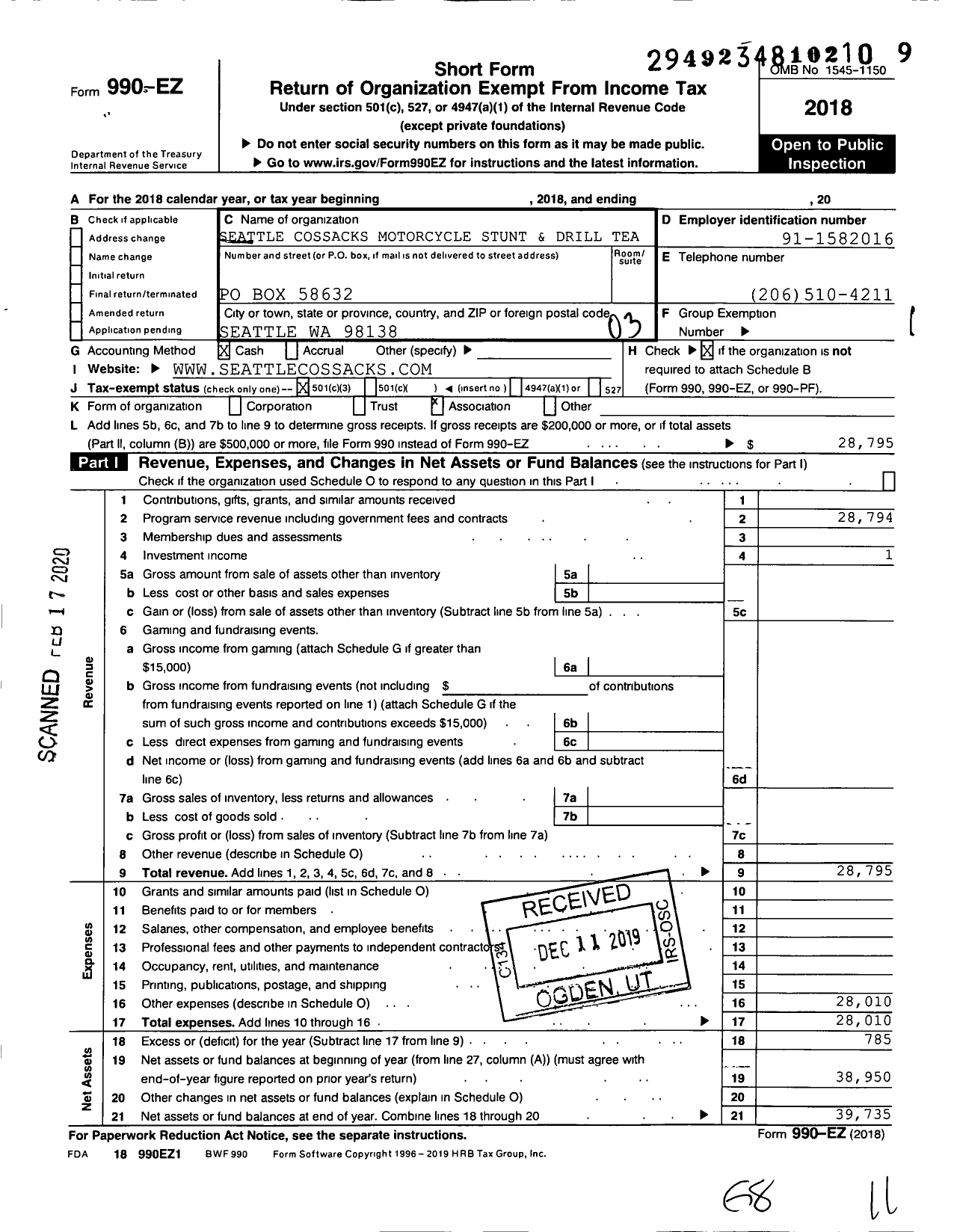 Image of first page of 2018 Form 990EZ for Seattle Cossacks Motorcycle Stunt and Drill Team