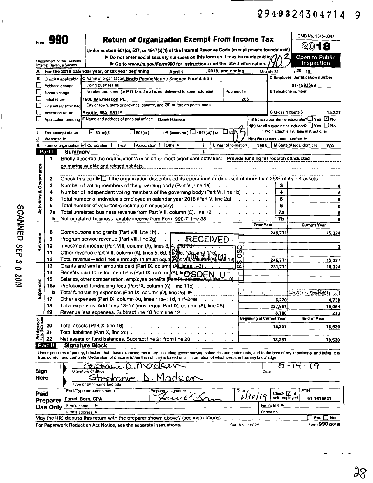 Image of first page of 2018 Form 990 for North Pacificmarine Science Foundation