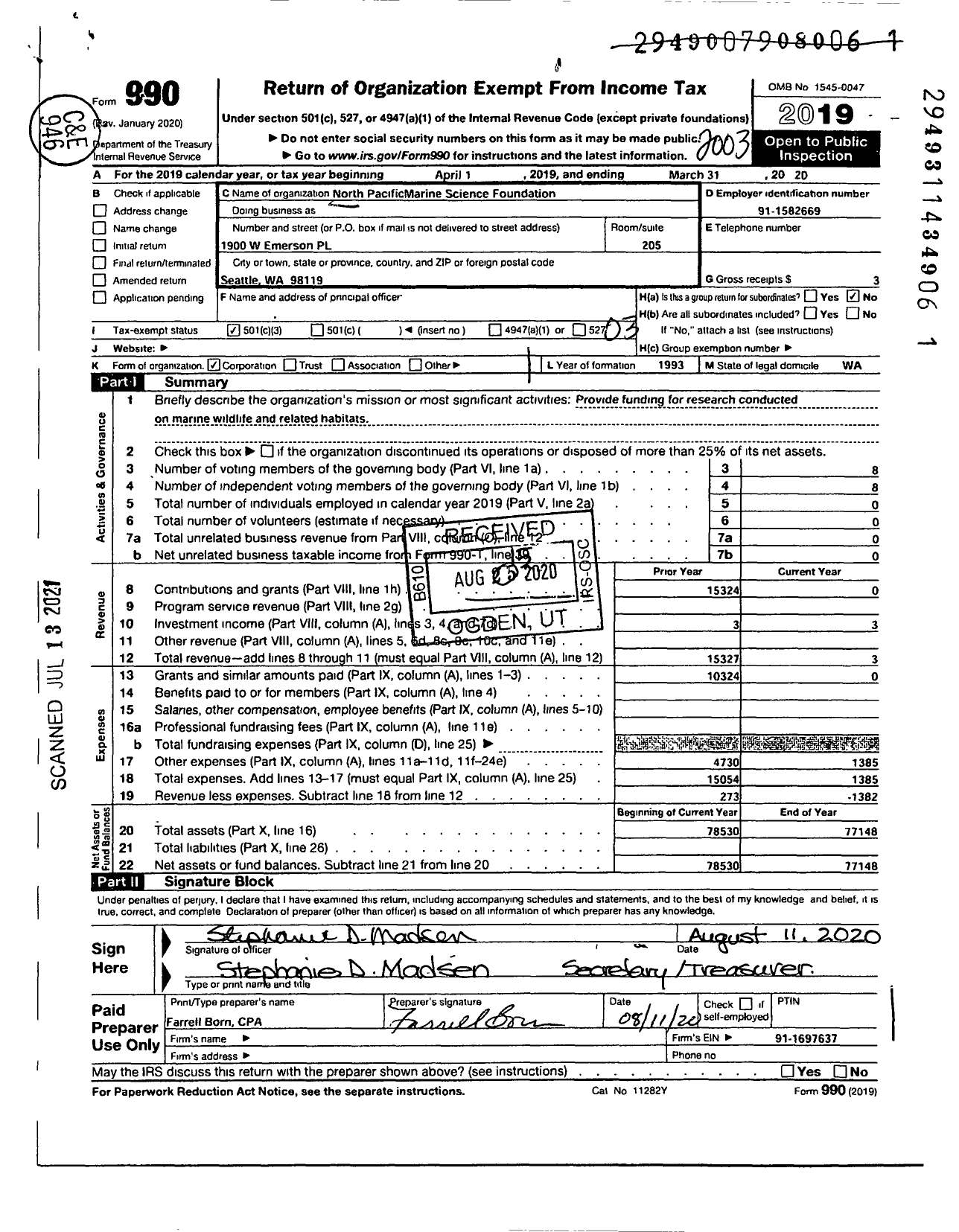Image of first page of 2019 Form 990 for North Pacificmarine Science Foundation