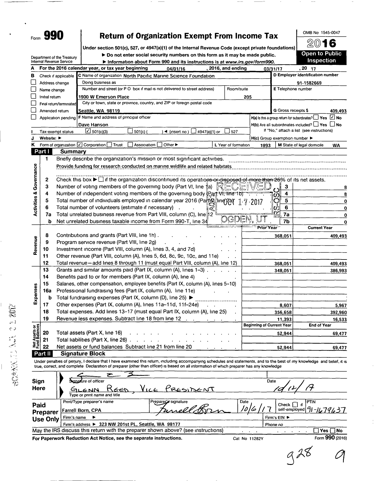 Image of first page of 2016 Form 990 for North Pacificmarine Science Foundation