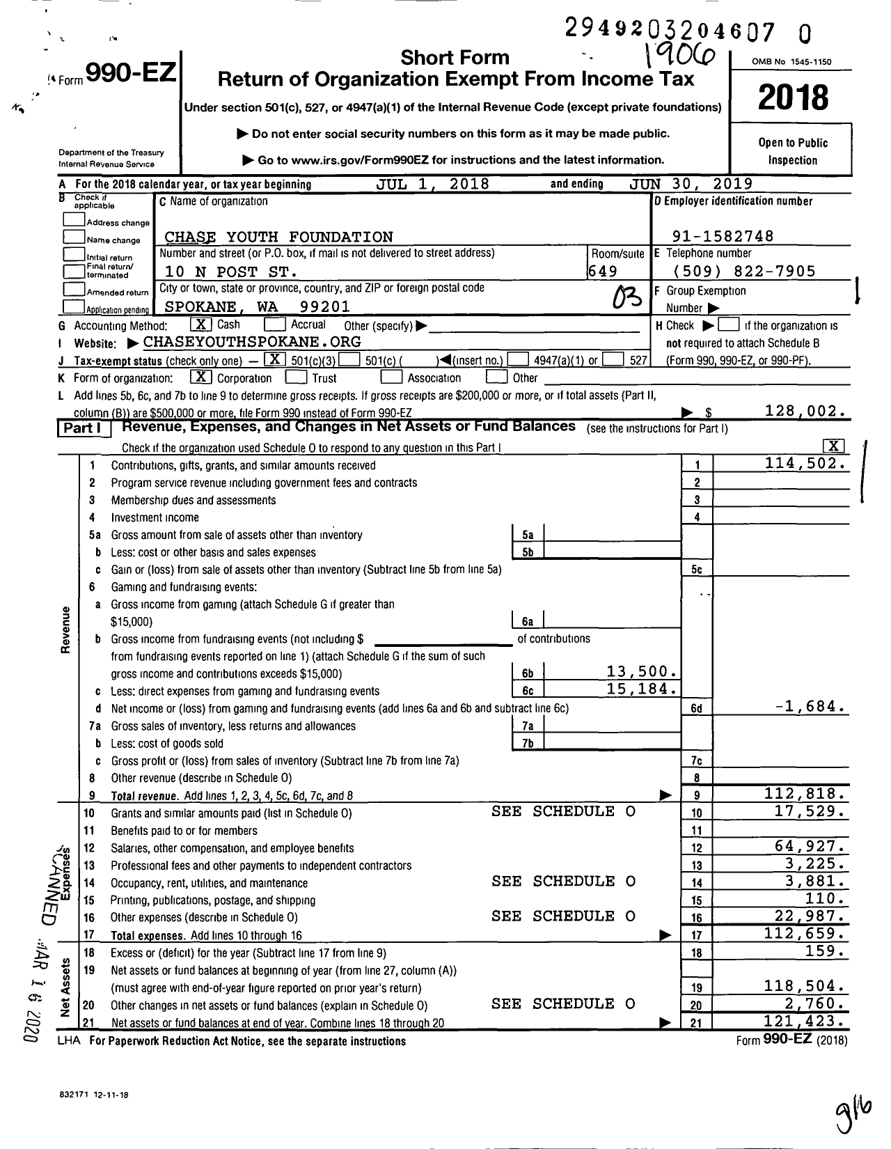 Image of first page of 2018 Form 990EZ for Chase Youth Foundation