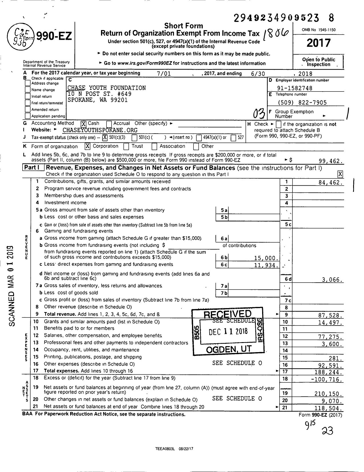 Image of first page of 2017 Form 990EZ for Chase Youth Foundation