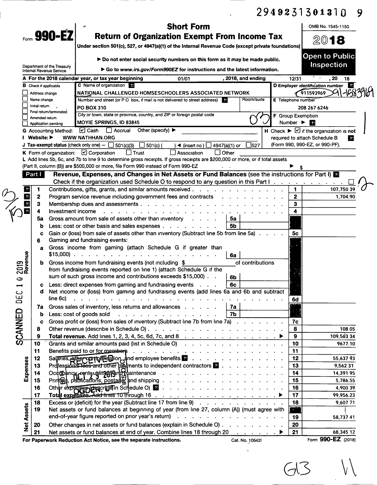 Image of first page of 2018 Form 990EZ for National Challenged Homeschoolers Associated Network