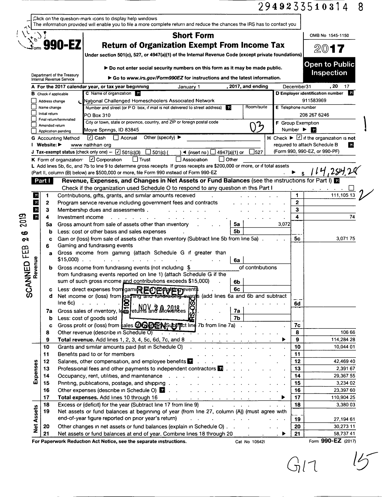 Image of first page of 2017 Form 990EZ for National Challenged Homeschoolers Associated Network