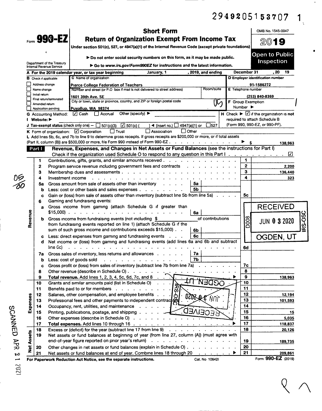 Image of first page of 2019 Form 990EO for AMERICAN Federation OF Teachers - 4821 Pierce College Federation OF T