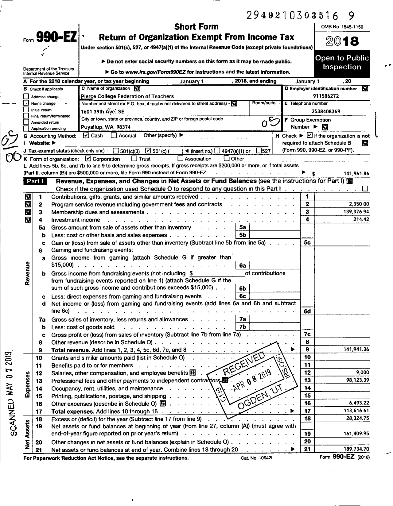 Image of first page of 2017 Form 990EO for AMERICAN Federation OF Teachers - 4821 Pierce College Federation OF T