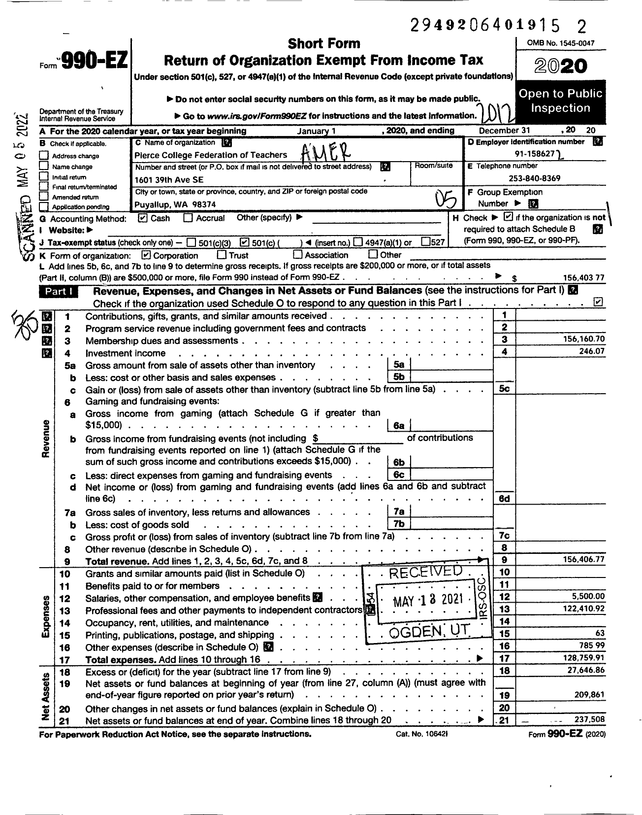 Image of first page of 2020 Form 990EO for AMERICAN Federation OF Teachers - 4821 Pierce College Federation OF T