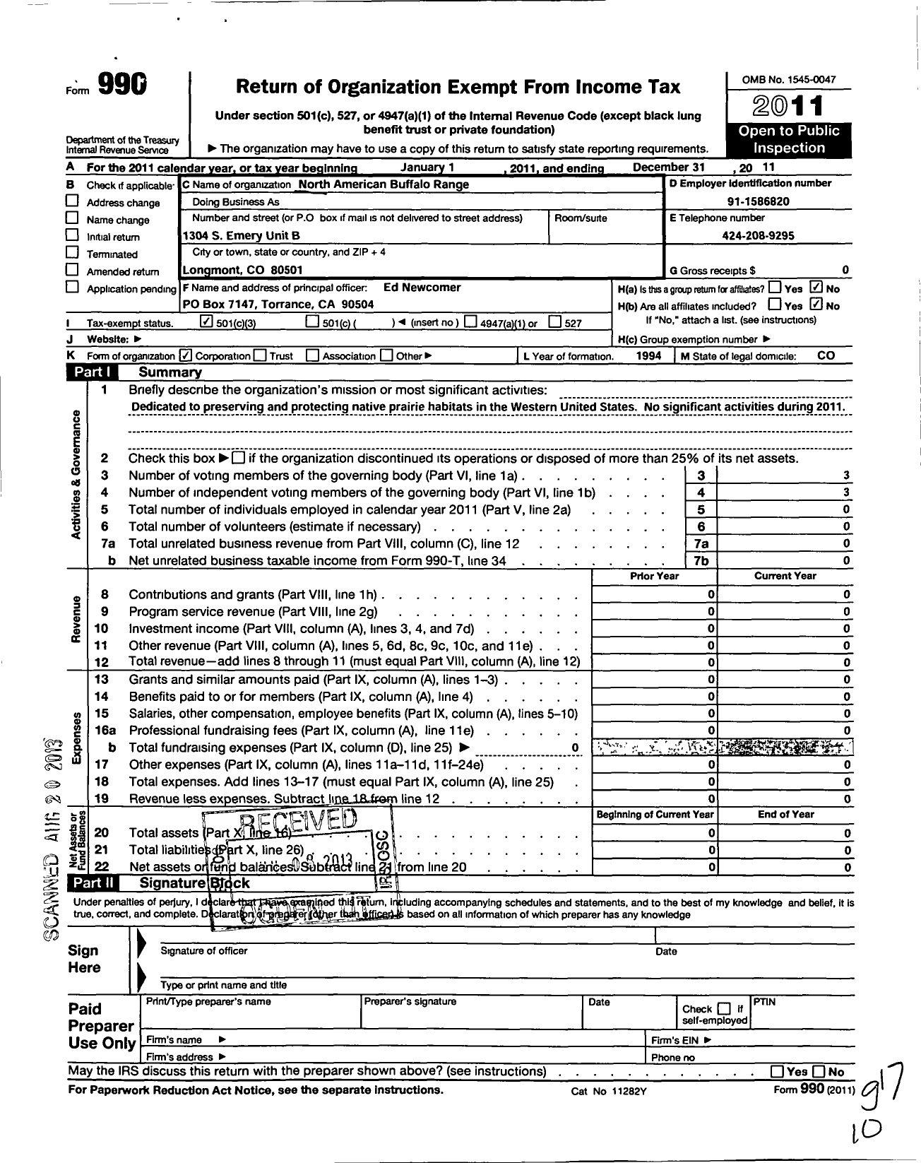 Image of first page of 2011 Form 990 for North American Buffalo Range