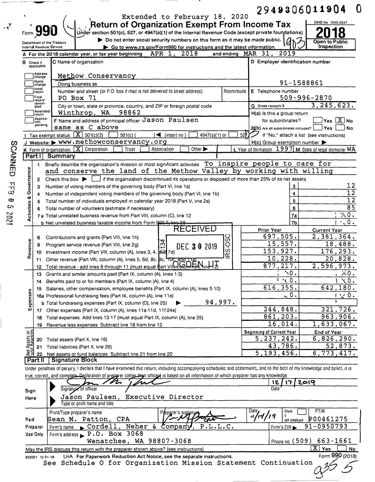 Image of first page of 2018 Form 990 for Methow Conservancy