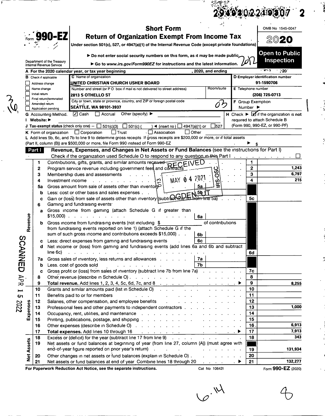 Image of first page of 2020 Form 990EZ for United Christian Church Usher Board