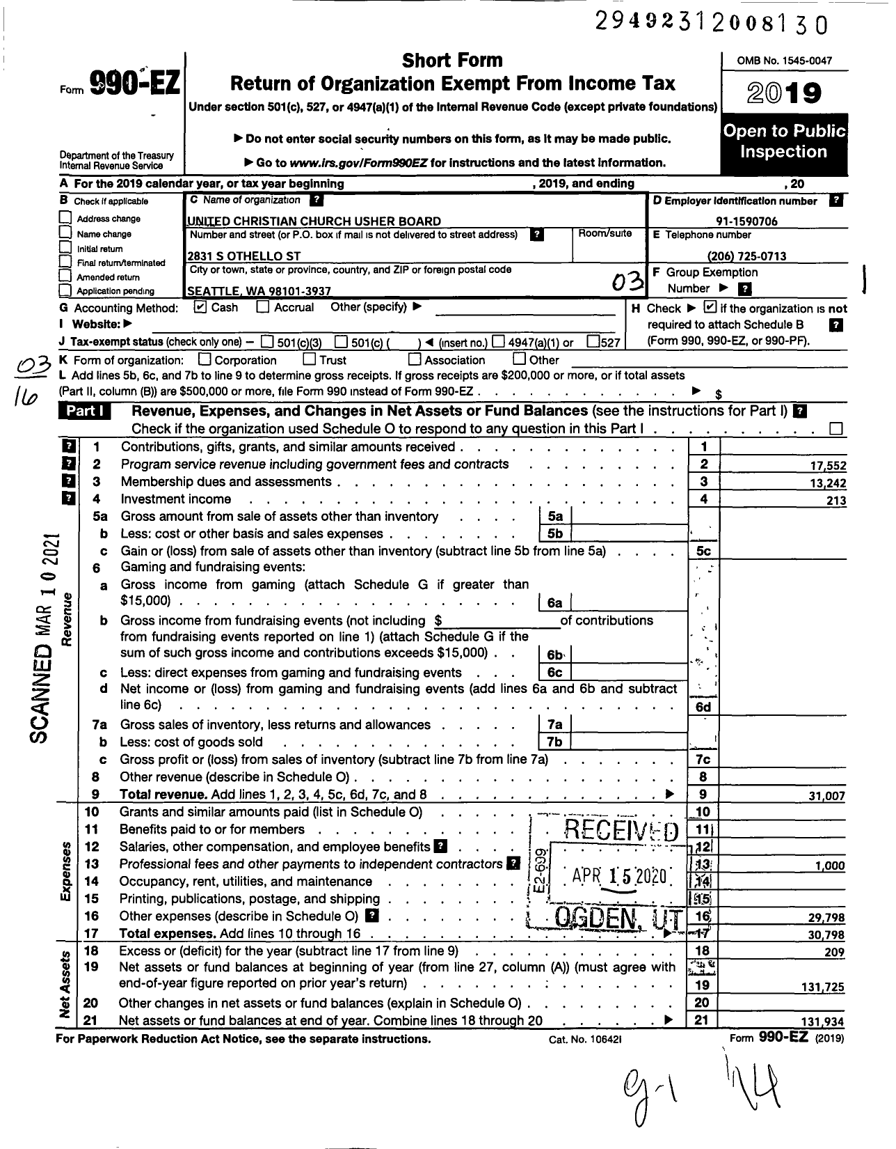 Image of first page of 2019 Form 990EZ for United Christian Church Usher Board