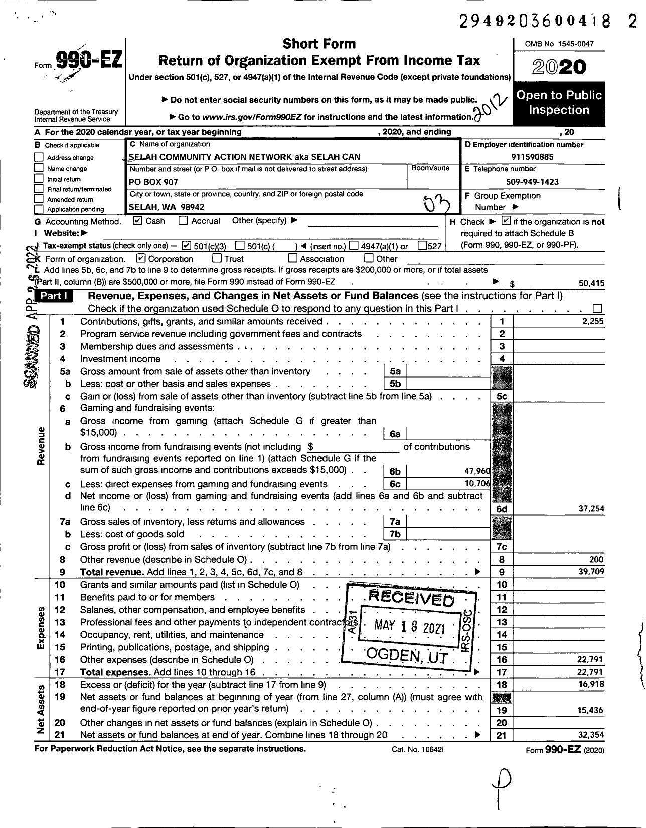 Image of first page of 2020 Form 990EZ for Selah Can