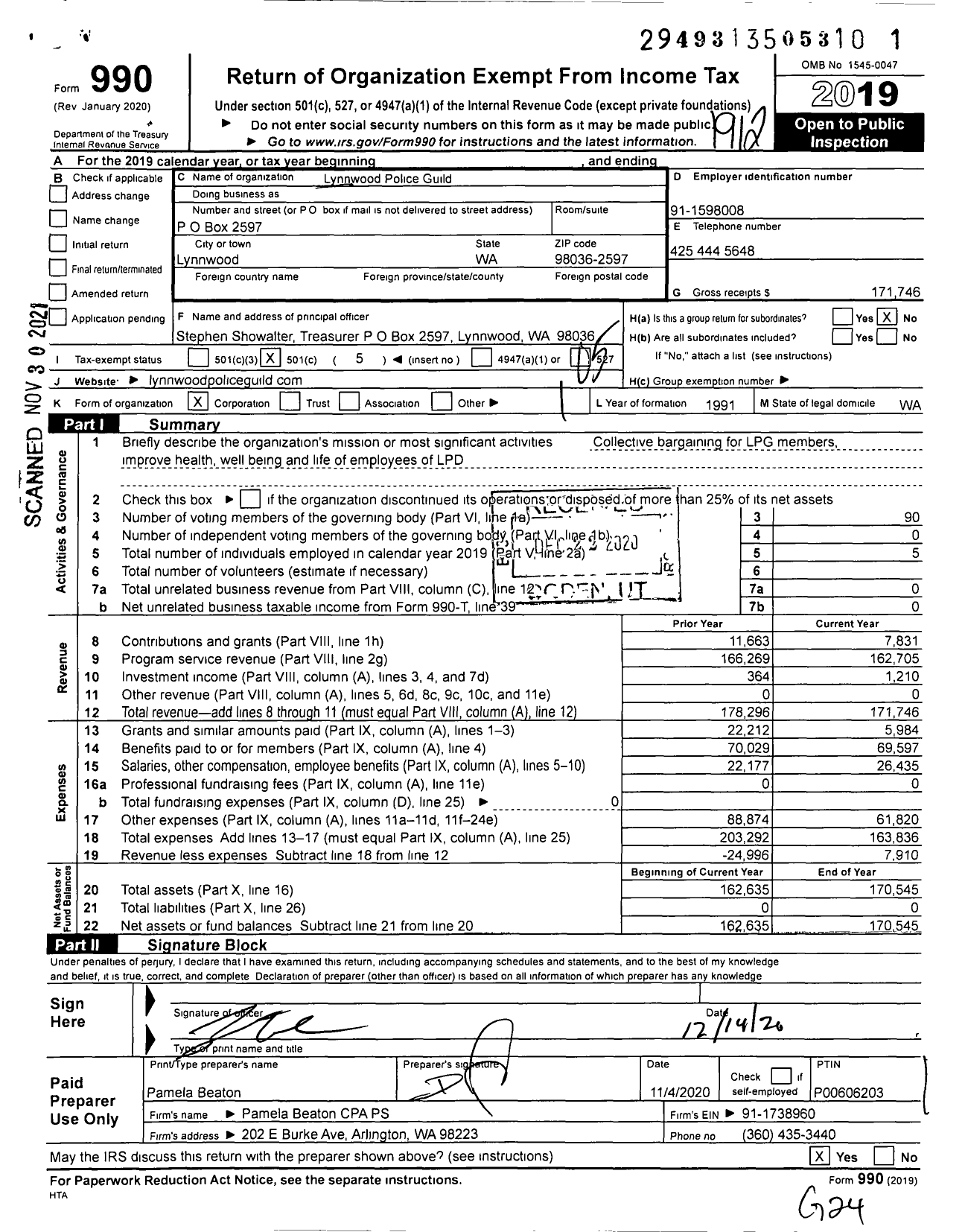 Image of first page of 2019 Form 990O for Lynnwood Police Guild