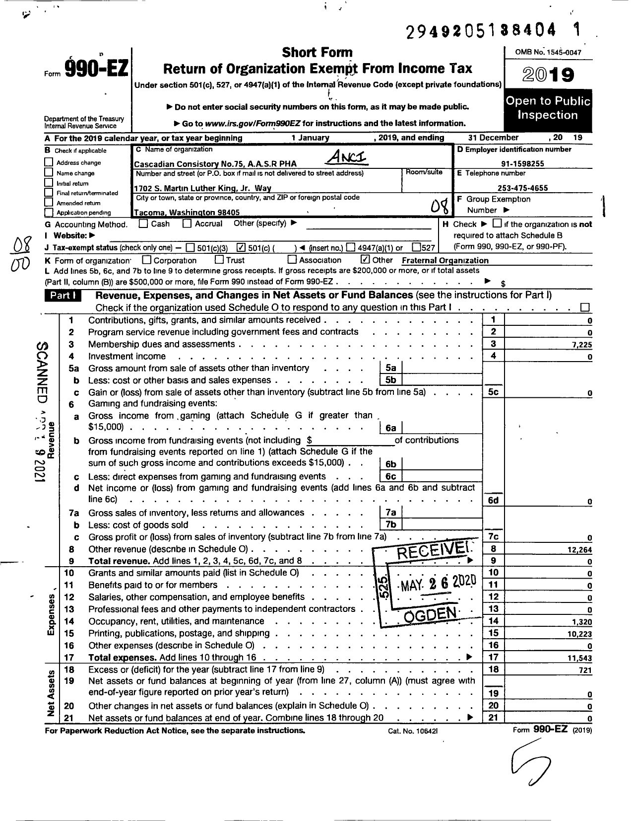 Image of first page of 2019 Form 990EO for Ancient and Accepted Scottish Rite of Free Masonry Prince Hall Affili - 75 Cascadian Consistory