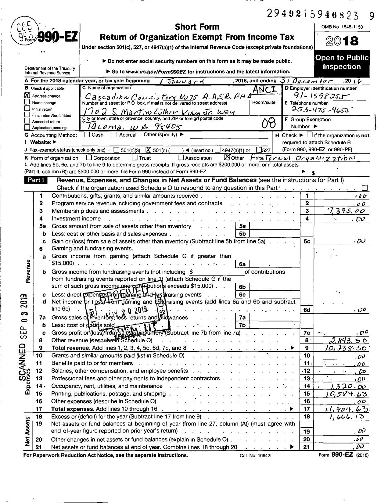 Image of first page of 2018 Form 990EO for Ancient and Accepted Scottish Rite of Free Masonry Prince Hall Affili - 75 Cascadian Consistory