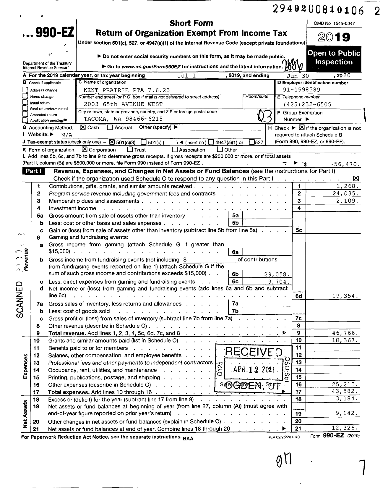 Image of first page of 2019 Form 990EZ for Kent Prairie PTA 7623