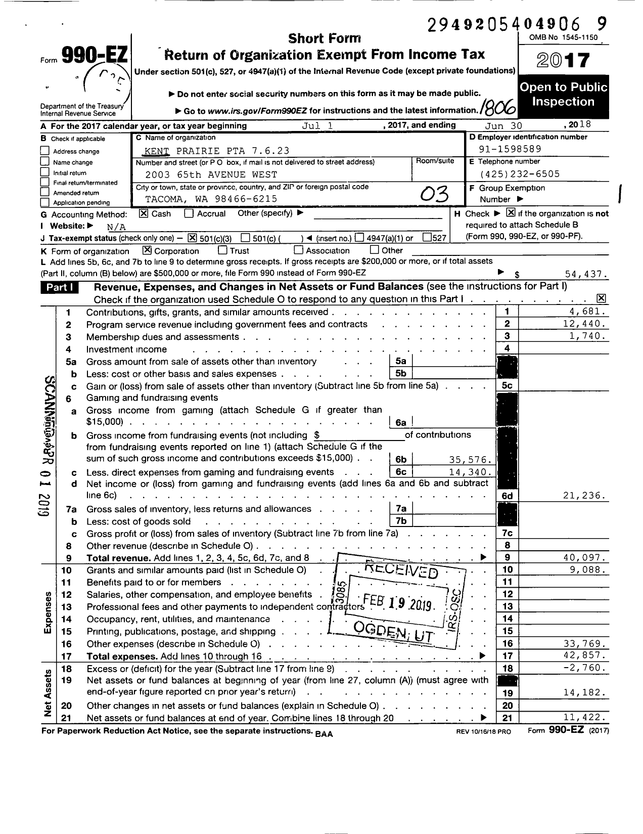 Image of first page of 2017 Form 990EZ for Kent Prairie PTA 7623