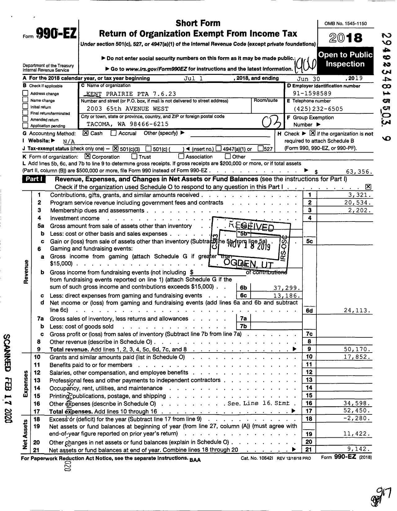 Image of first page of 2018 Form 990EZ for Kent Prairie PTA 7623