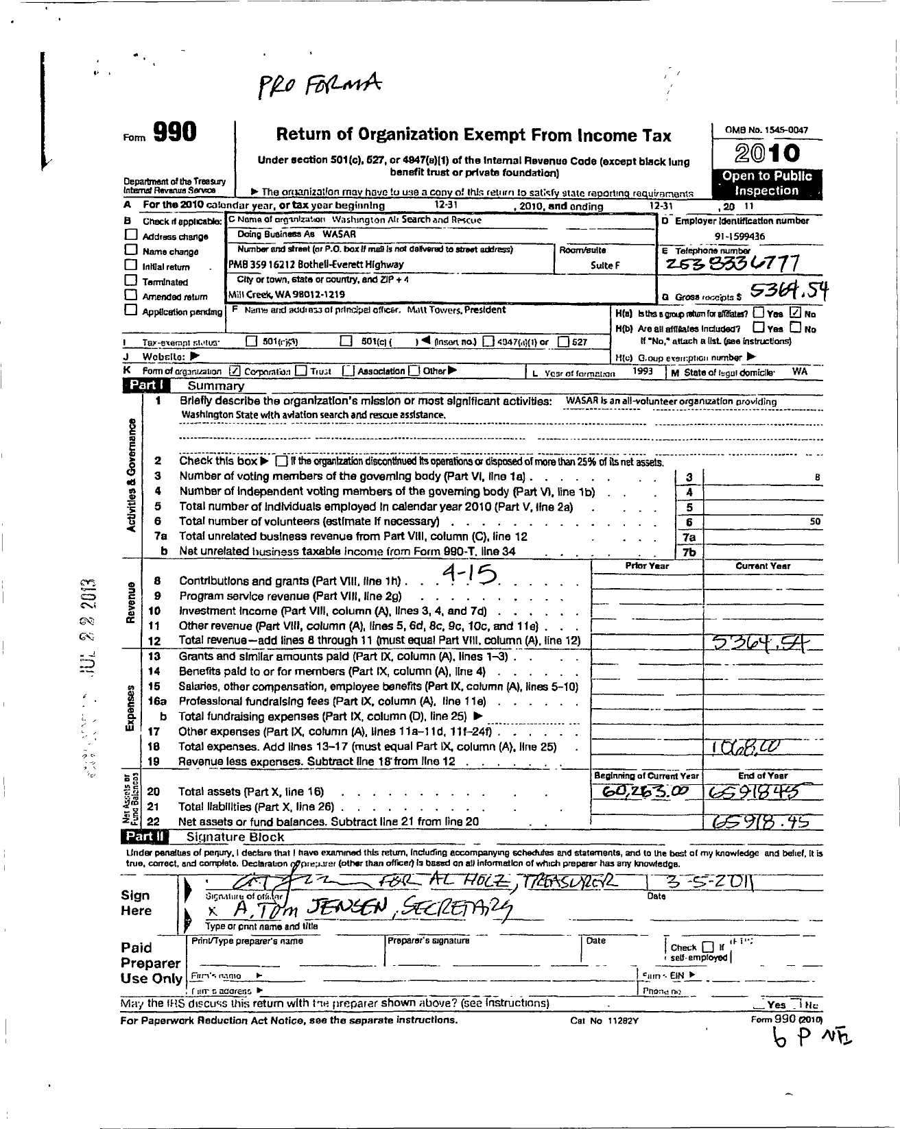 Image of first page of 2011 Form 990O for Washington Air Search and Rescue
