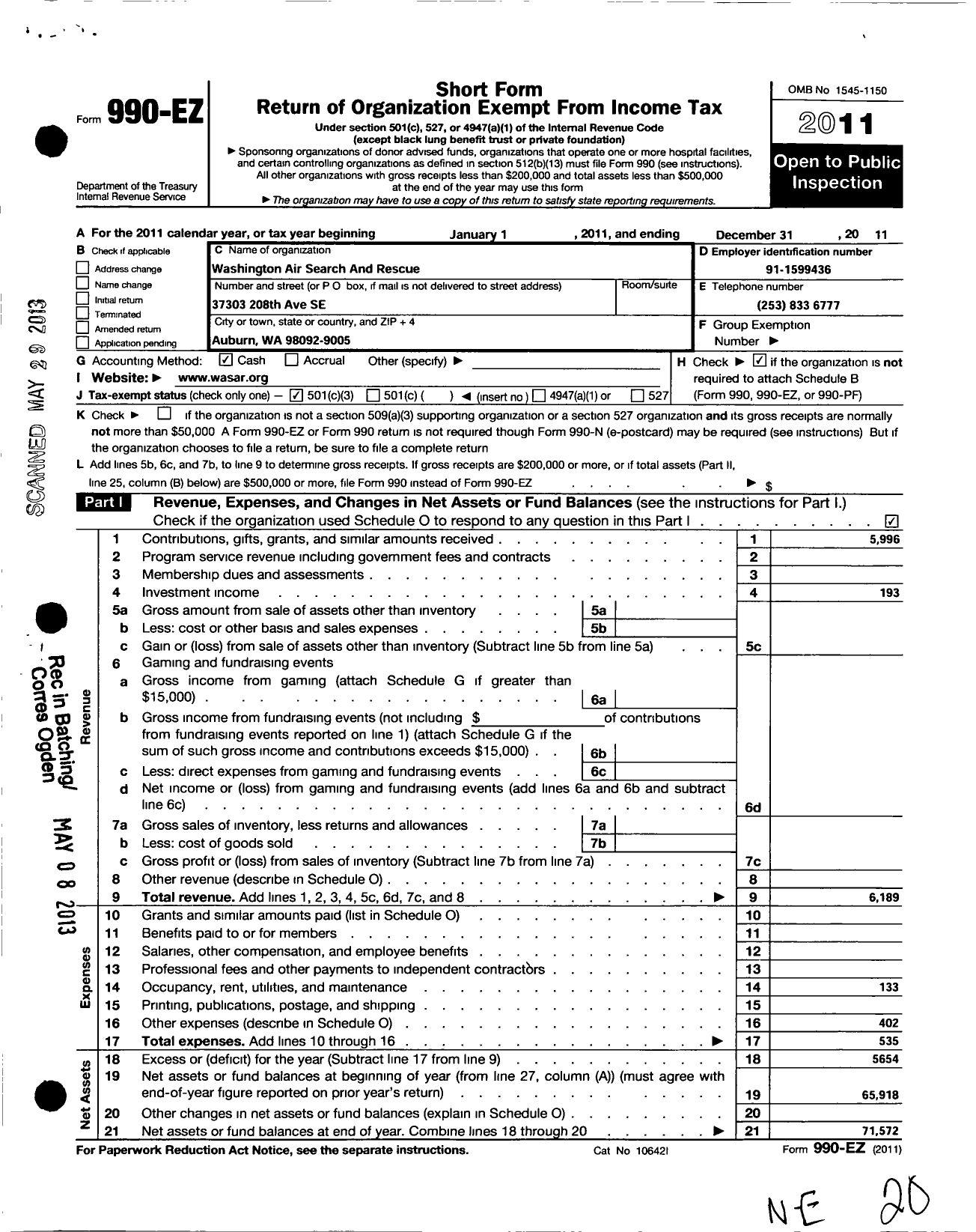 Image of first page of 2011 Form 990EZ for Washington Air Search and Rescue