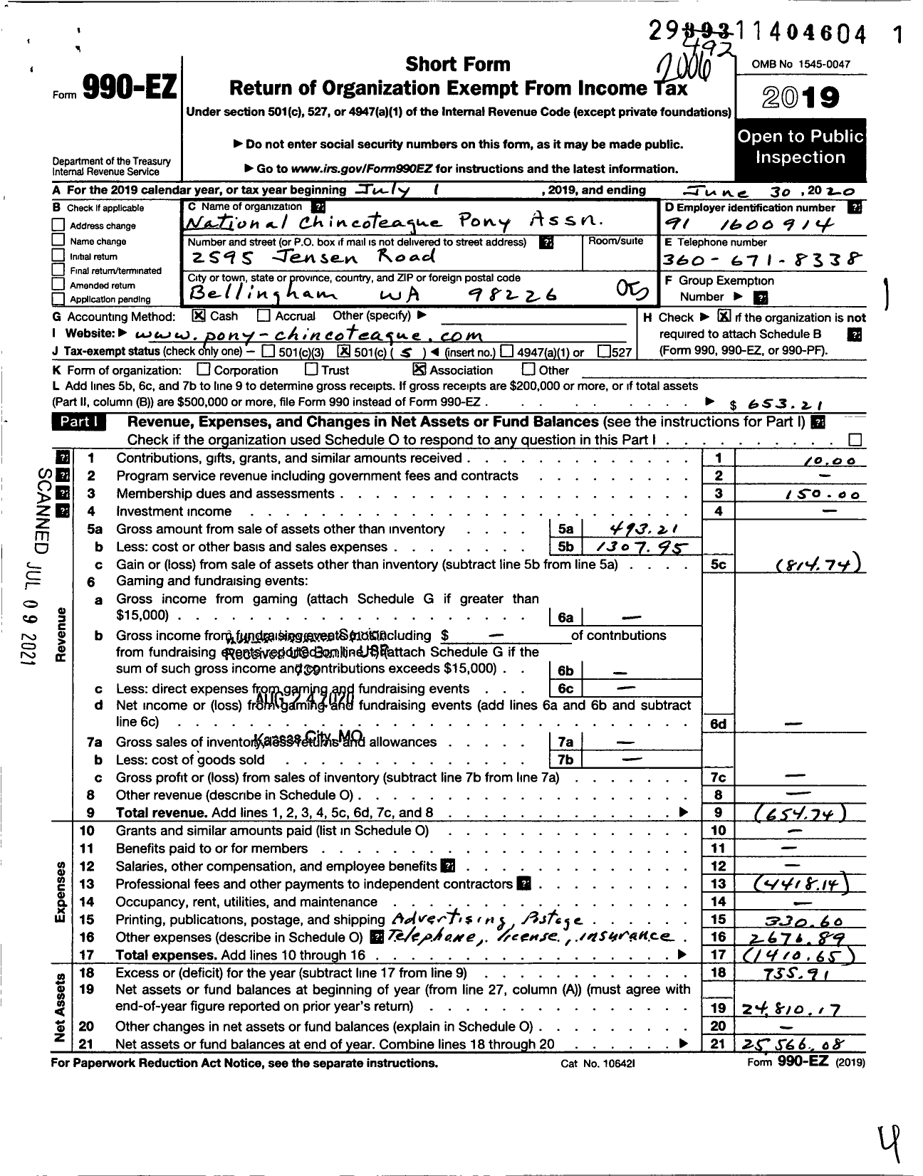 Image of first page of 2019 Form 990EO for National Chincoteague Pony Association