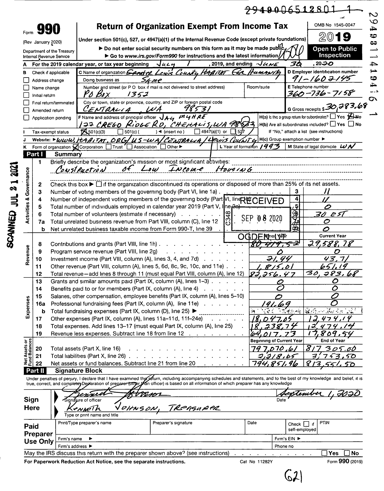 Image of first page of 2019 Form 990 for Habitat for Humanity - Greater Lewis County