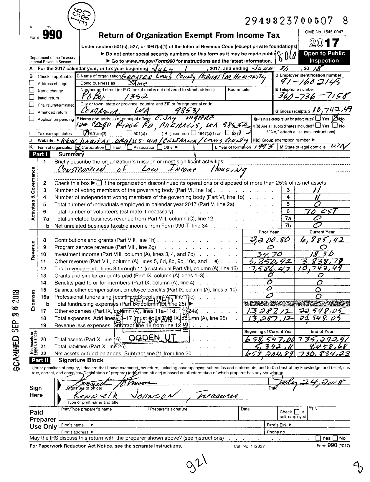 Image of first page of 2017 Form 990 for Habitat for Humanity - Greater Lewis County