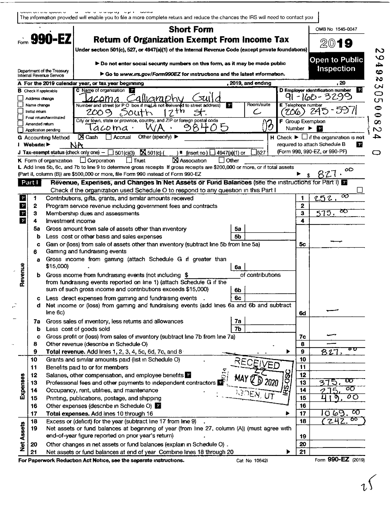 Image of first page of 2019 Form 990EZ for Tacoma Calligraphy Guild