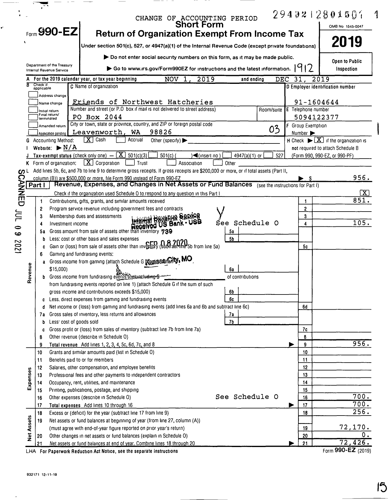 Image of first page of 2019 Form 990EZ for Friends of Northwest Hatcheries