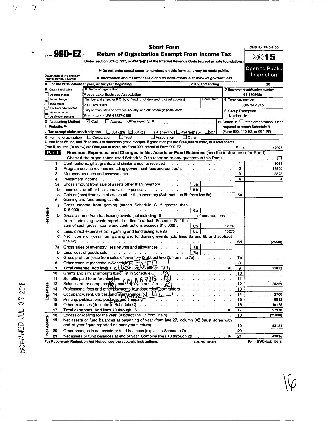 Image of first page of 2015 Form 990EO for Moses Lake Business Association