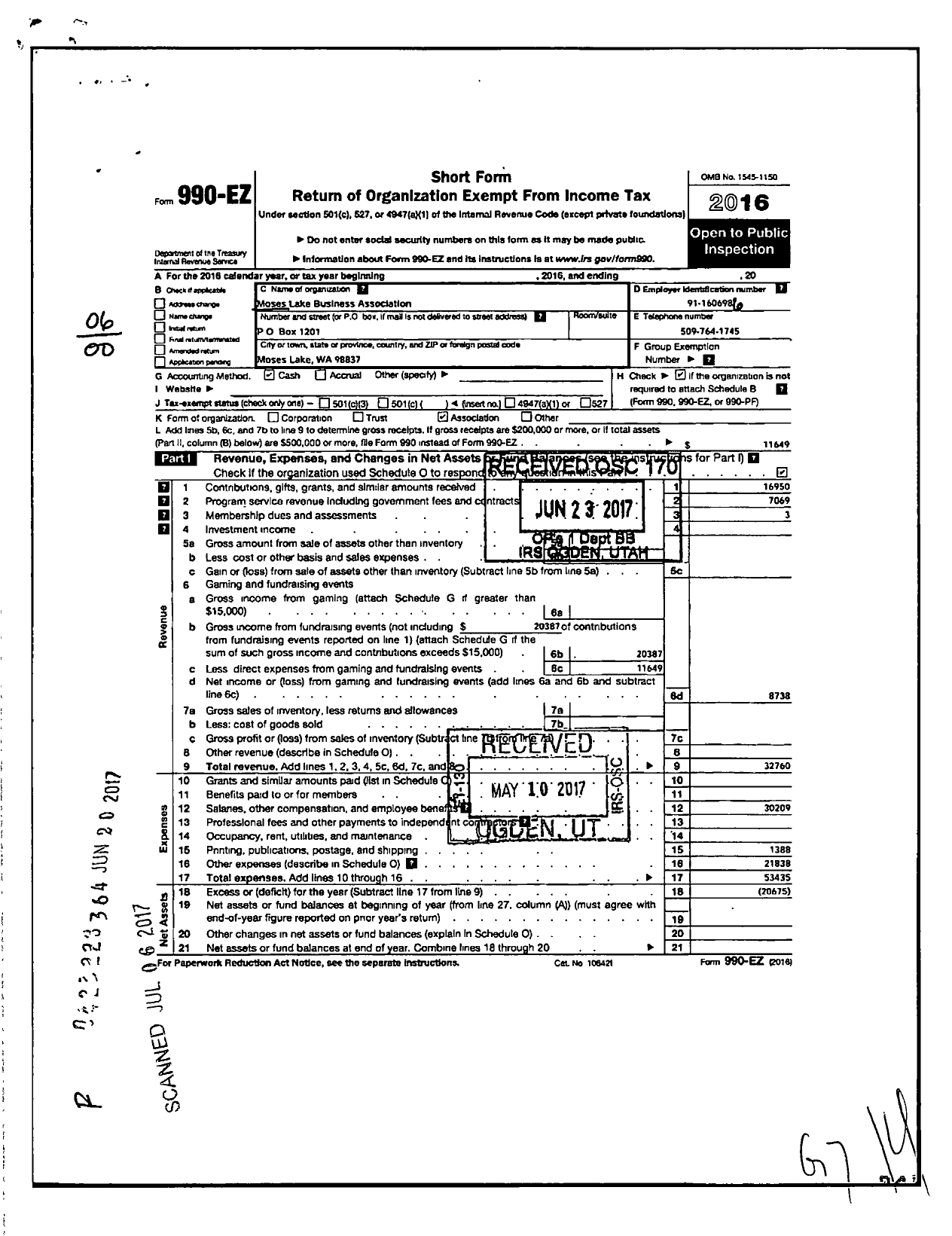 Image of first page of 2016 Form 990EO for Moses Lake Business Association