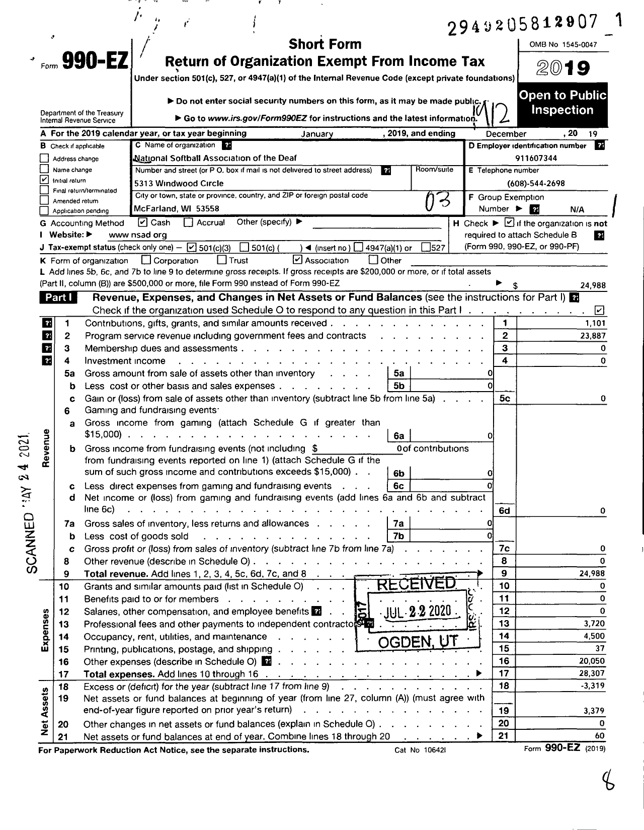 Image of first page of 2019 Form 990EZ for National Softball Association of the Deaf