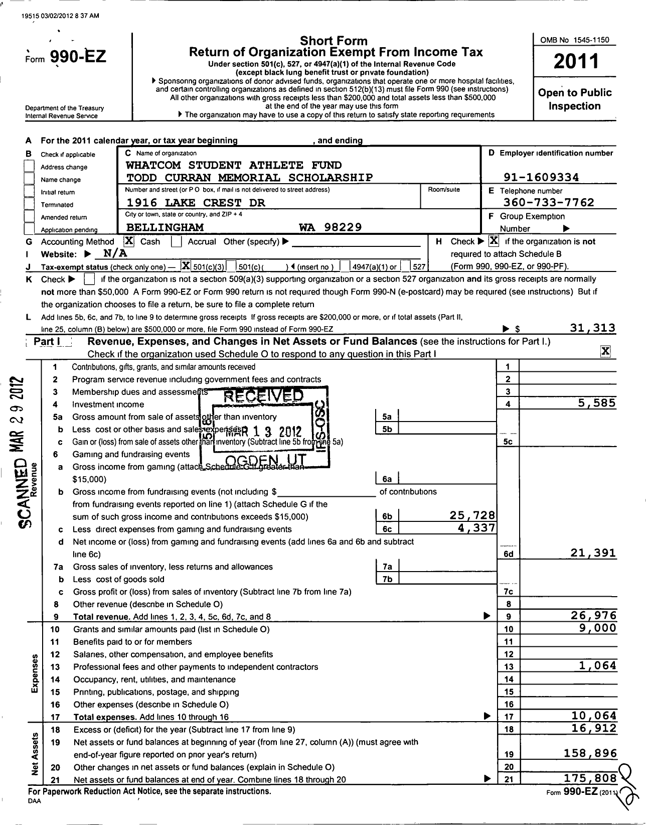 Image of first page of 2011 Form 990EZ for Whatcom Student Athlete Fund Todd Curran Memorial Scholarship