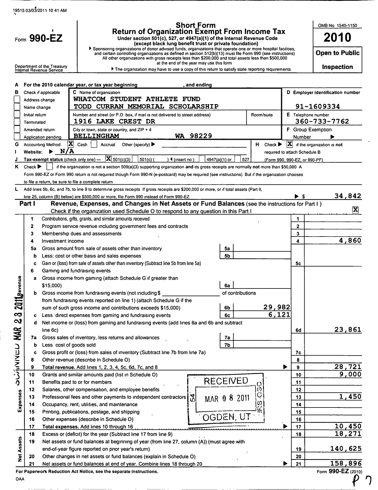 Image of first page of 2010 Form 990EZ for Whatcom Student Athlete Fund Todd Curran Memorial Scholarship